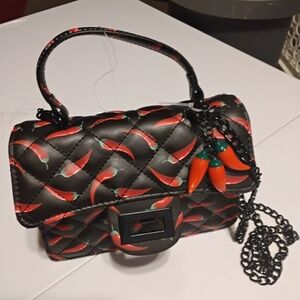 Chili Pepper Patterned Black Quilted Handbag